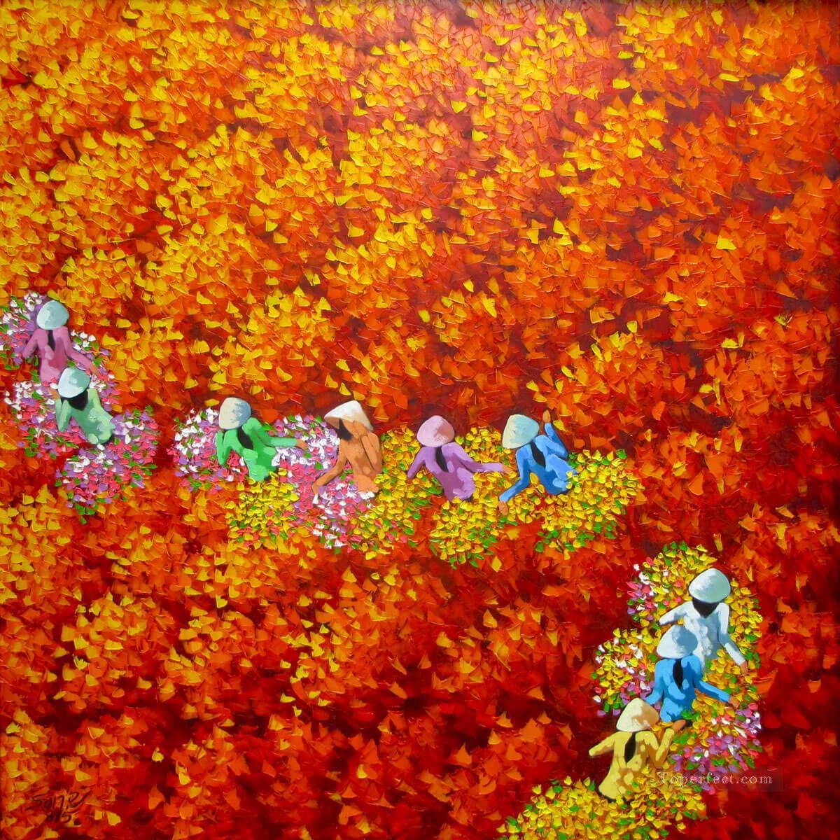 Red flower field Vietnamese Asian Oil Paintings